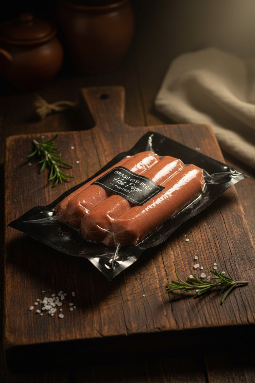 100% regeneratively raised, grass-fed beef, our Uncured All-Beef Hot Dogs