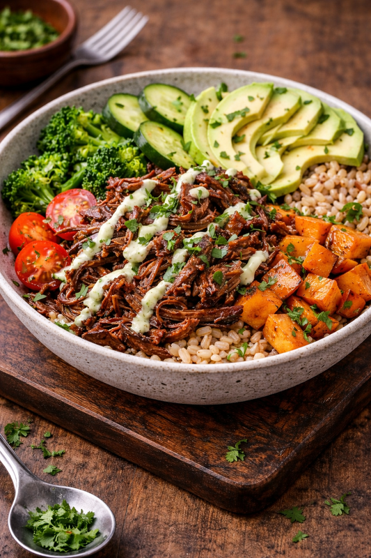 Shredded Beef Grain Bowls with Seasonal Vegetables