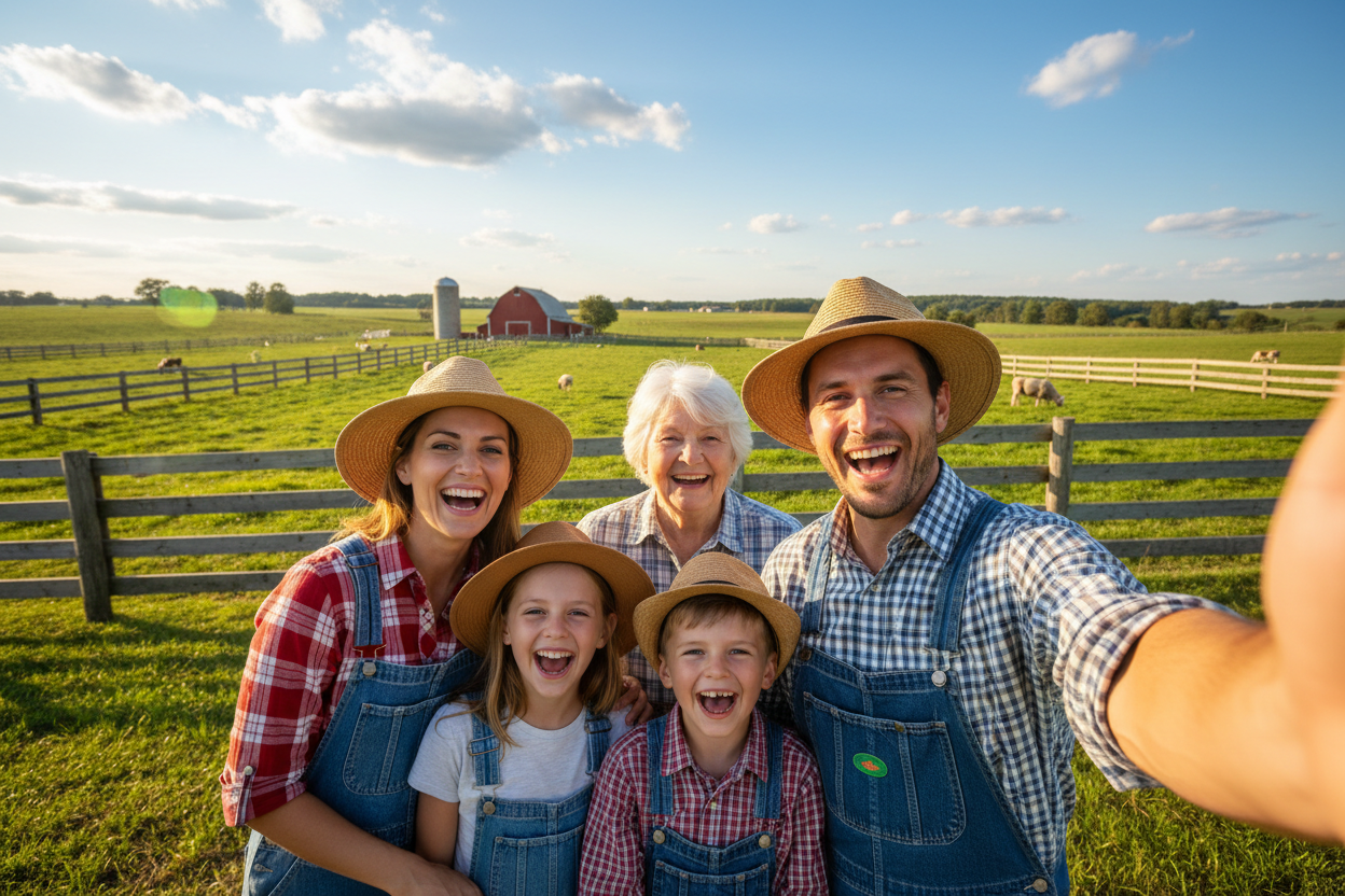 realistic selfie of a family at a farm